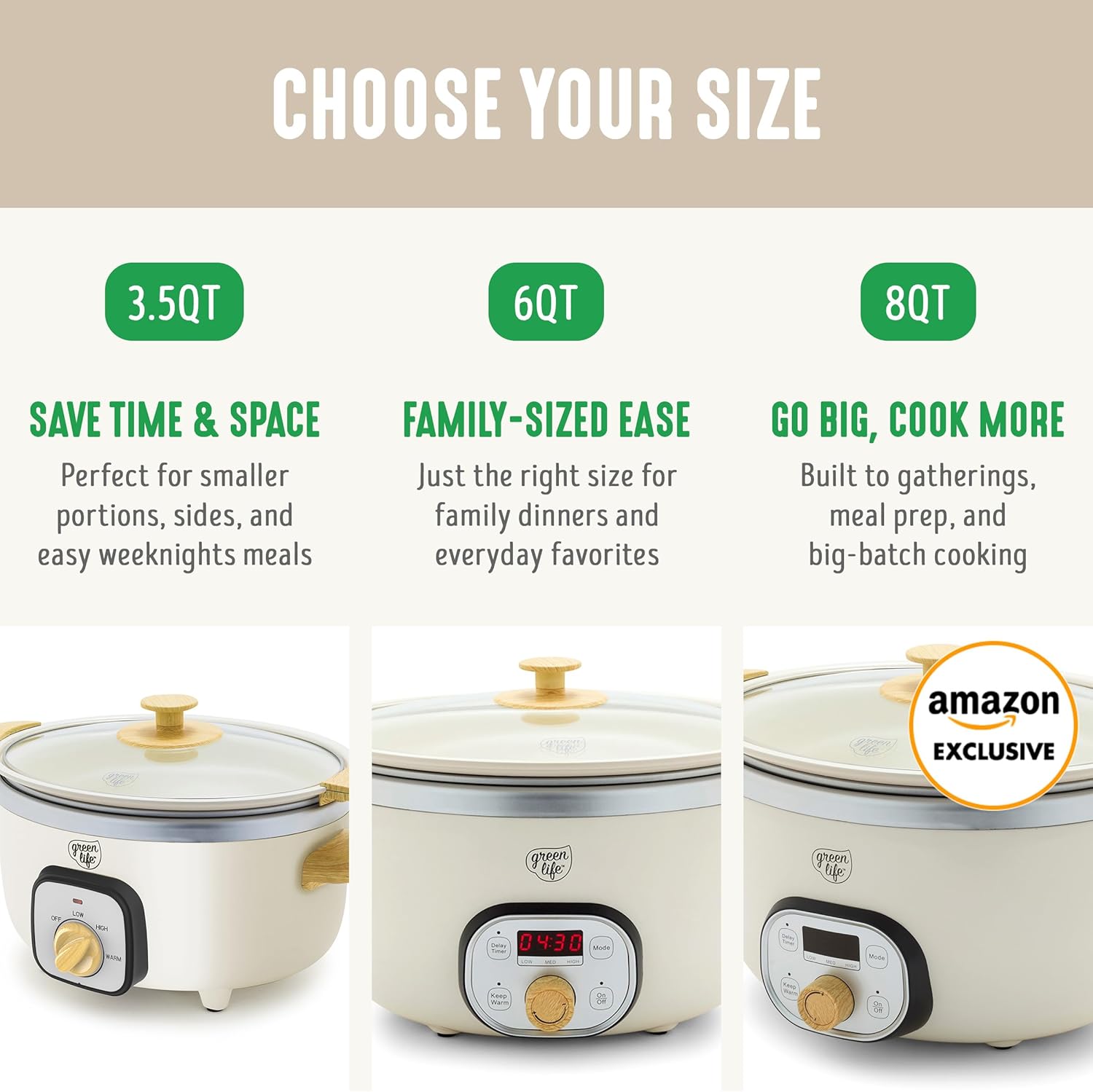 GreenLife 8QT Slow Cooker, Non-Toxic PFAS-Free Ceramic Nonstick Removable Interior Bowl, Programmable, Family Friendly, Keep Warm, Stovetop & Oven Safe, Dishwasher Safe Crock, Timer, Glass Lid, Cream