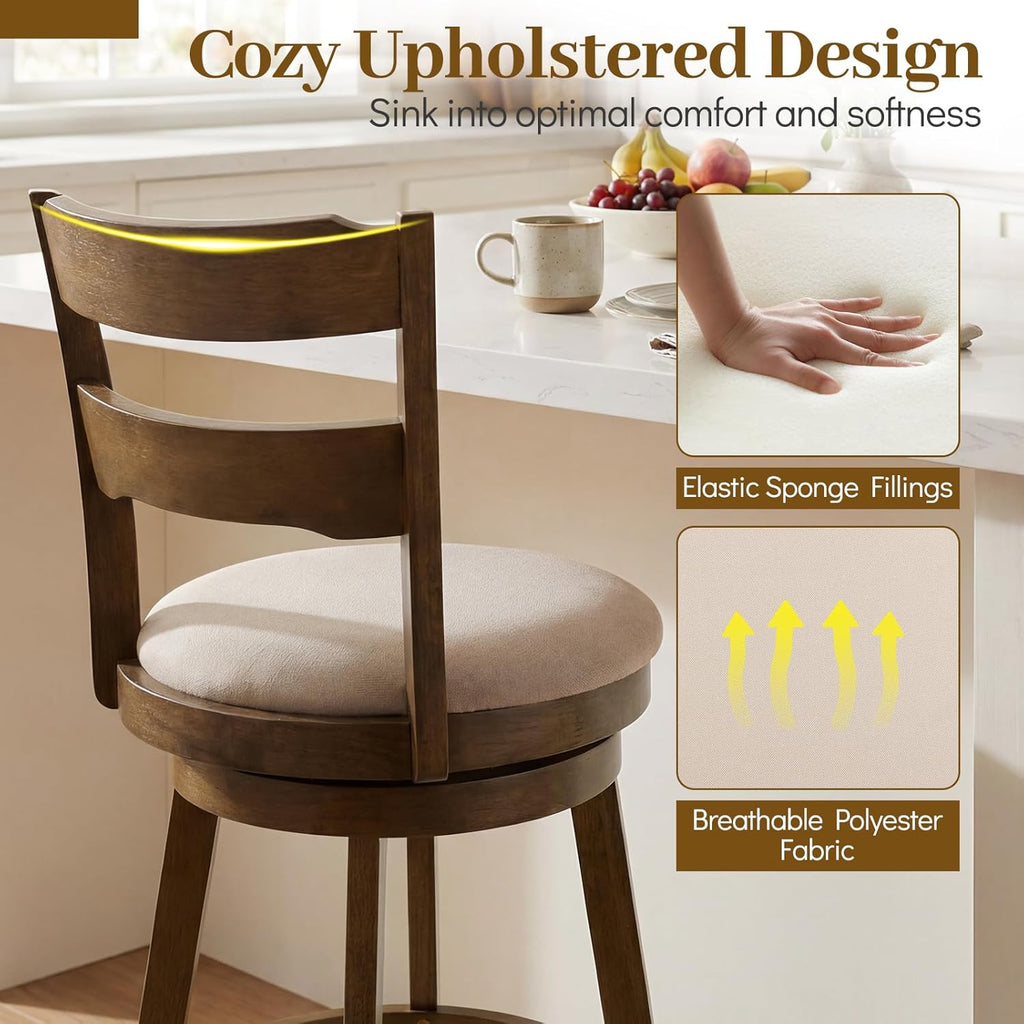 COSTWAY 30.5” Swivel Barstools Set of 2, 360° Rotating Bar Height Chairs with Backrest & Upholstered Seat, Rubber Wood High Top Seats with Footrest for Kitchen Island (2,30.5")