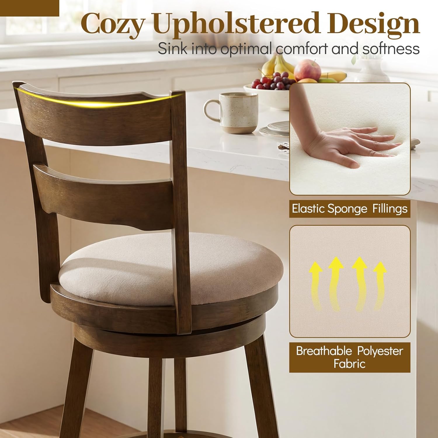 COSTWAY 30.5” Swivel Barstools Set of 2, 360° Rotating Bar Height Chairs with Backrest & Upholstered Seat, Rubber Wood High Top Seats with Footrest for Kitchen Island (2,30.5")