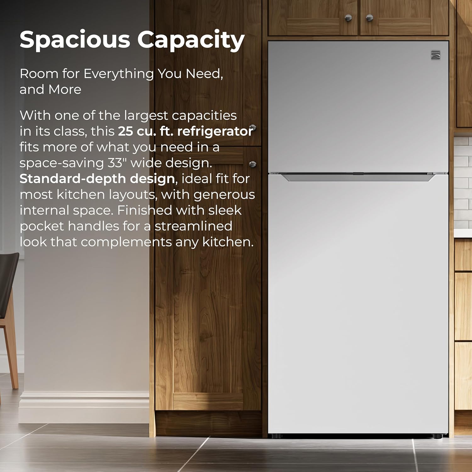 Kenmore 33" Top Mount Refrigerator with Freezer - Adjustable Shelving, Humidity-Controlled Crispers, Optional Ice Maker, LED Lighting, ENERGY STAR Certified, 25 cu. ft. Capacity - White