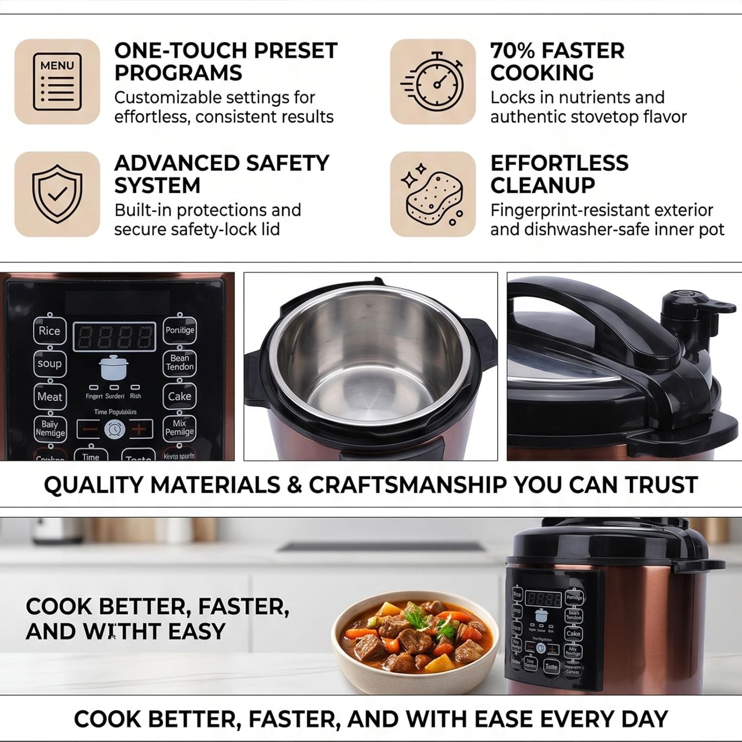 Fockety Electric Pressure Cooker, 6L Multi Rice Cooker, Slow with Stainless Steel Sides, Smart Programs and Overheat Protection for Pressure Cooking, Soup, Yogurt and Rice (US Plug 110V)