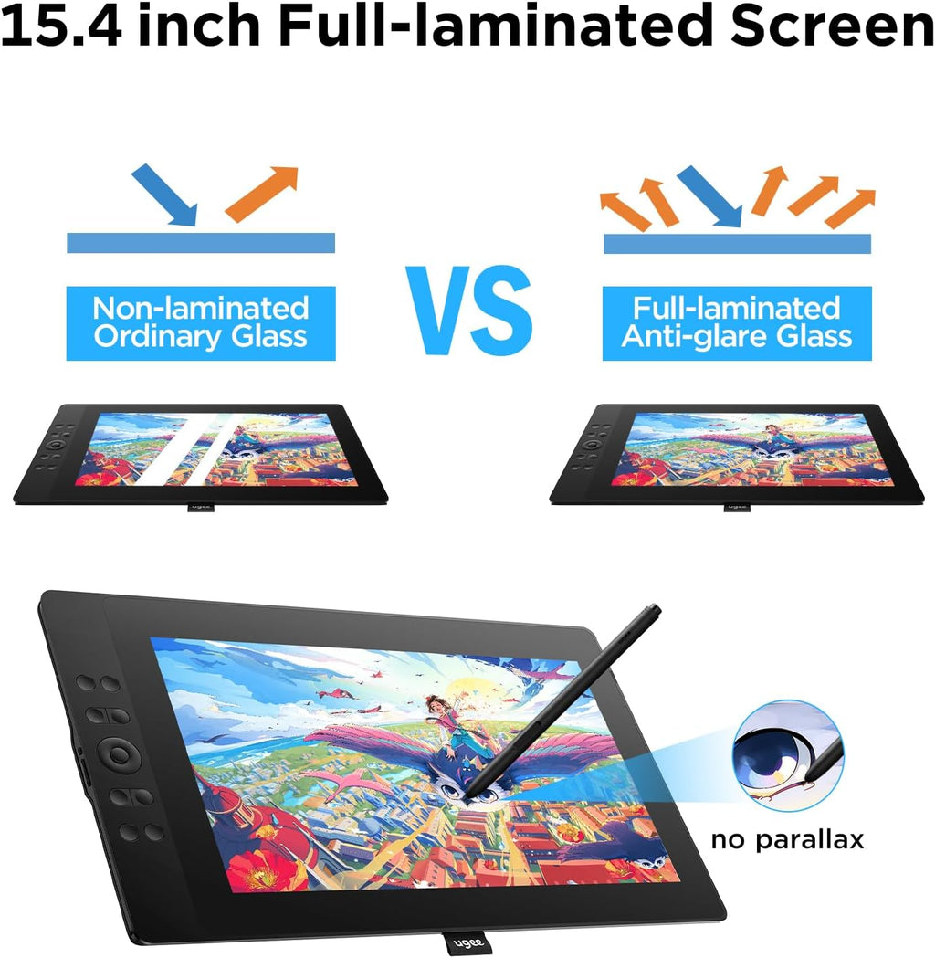 UGEE 15.4 inch Drawing Tablet with Screen .143% sRGB UE16 Computer Graphics Tablet with Full-Laminated Screen 8+1 Hot Keys 16K Level Pressure Battery-Free Stylus .Drawing Pad for PC/Windows/Mac/Android