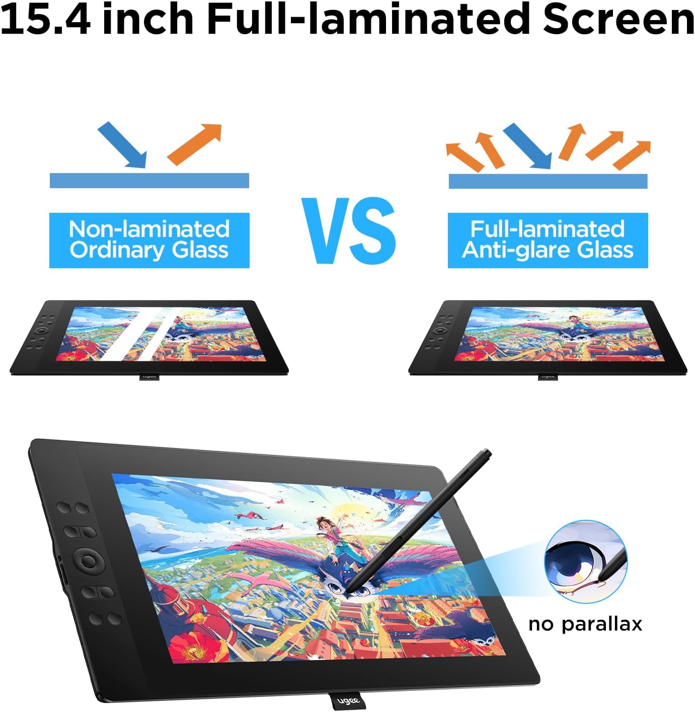 UGEE 15.4 inch Drawing Tablet with Screen .143% sRGB UE16 Computer Graphics Tablet with Full-Laminated Screen 8+1 Hot Keys 16K Level Pressure Battery-Free Stylus .Drawing Pad for PC/Windows/Mac/Android