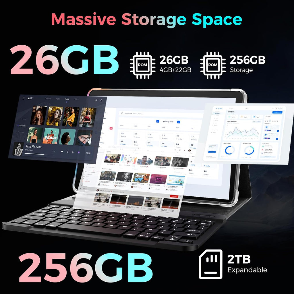 Tablet with Keyboard, 2026 Android 15 tablet with 26GB+256GB+2TB Expand, 10 Inch Tablet PC with 8-Core, Gemini AI, 5G WiFi, 8000mAh, BT5.0, GPS, Electronics Tablets with Case/Mouse/Stylus(Black Case)