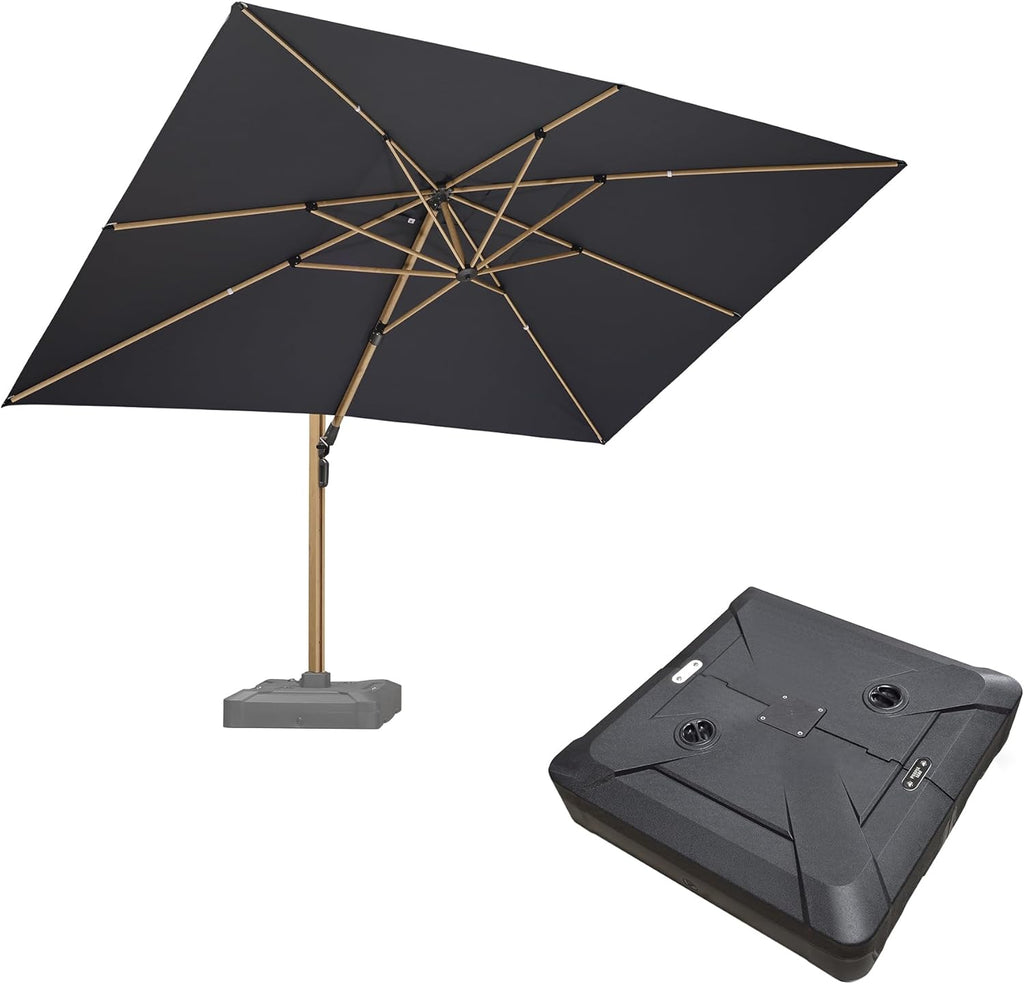PURPLE LEAF 10' x 13' Rectangle Patio Cantilever Umbrella With Base Large Hanging Umbrella Teak Finished Aluminum Frame Windproof Offset Outdoor Sun Umbrellas for Beach Pool Deck, Grey