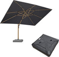 PURPLE LEAF 10' x 13' Rectangle Patio Cantilever Umbrella With Base Large Hanging Umbrella Teak Finished Aluminum Frame Windproof Offset Outdoor Sun Umbrellas for Beach Pool Deck, Grey