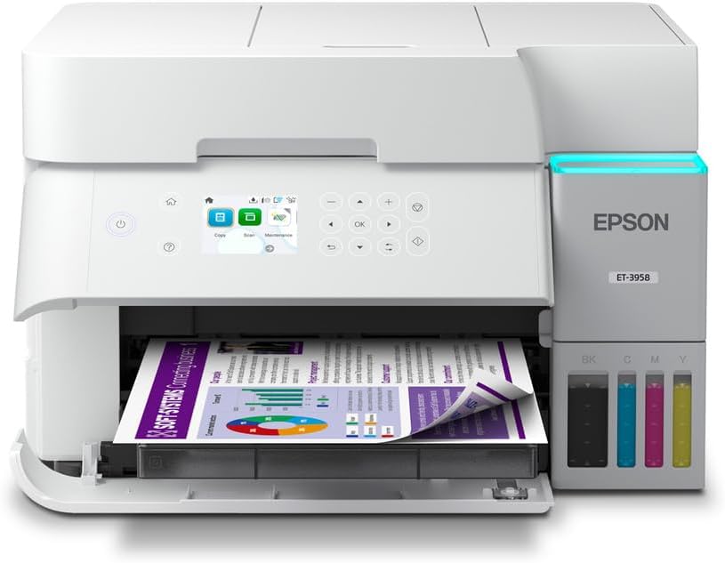 Epson EcoTank ET-3958 Wireless All-in-One Color Supertank Printer, Refillable Tanks, 2.4" Color Screen, Auto Document Feeder, Auto Duplex Printing, Scan, 250-Sheet Paper Tray – White