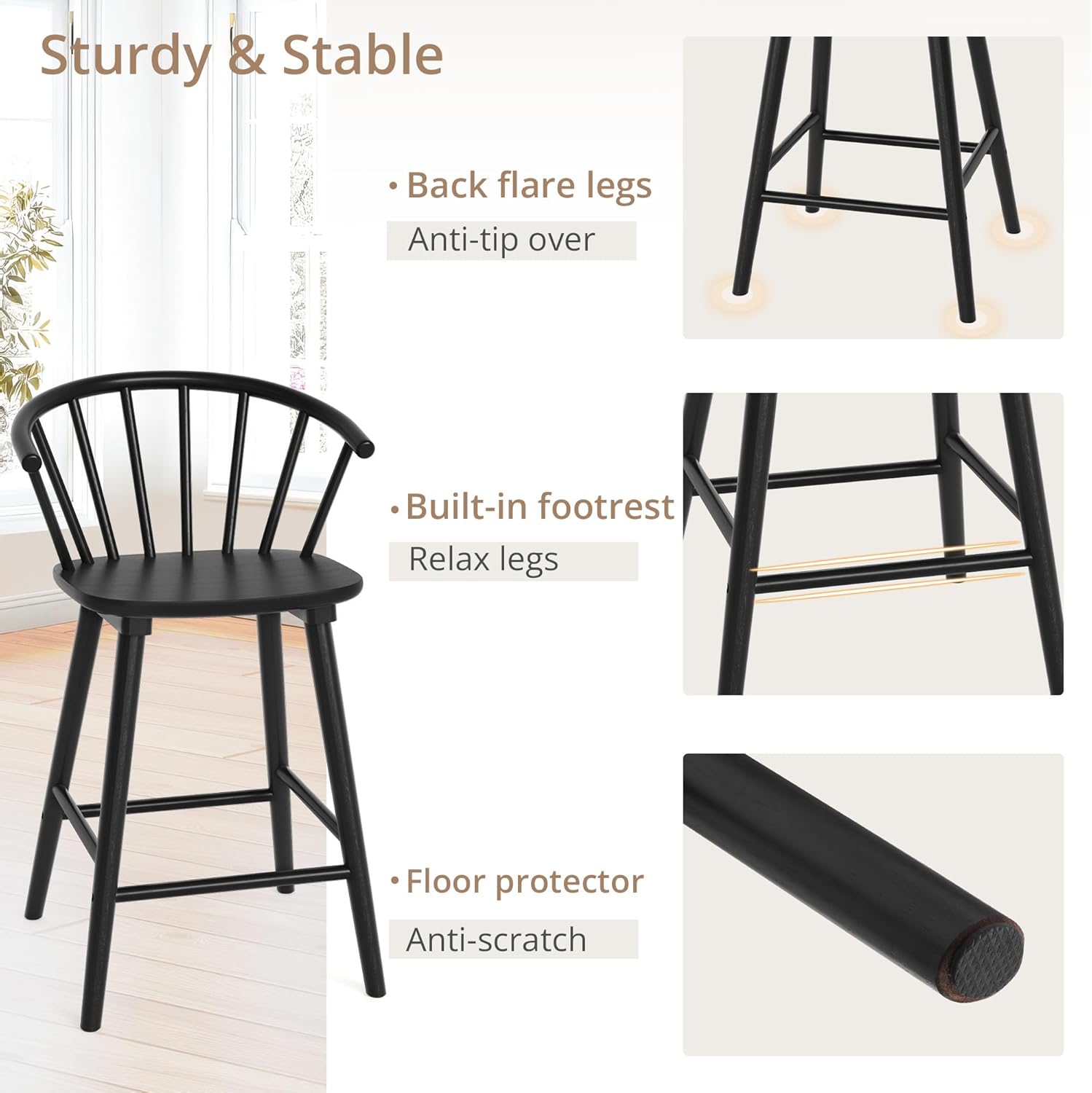 LUE BONA Bar Stools Set of 4, Black Farmhouse Barstools with Semicircular Backrest, Mid Century Modern Counter Height Bar Stools for Kitchen Island, 24 Inch