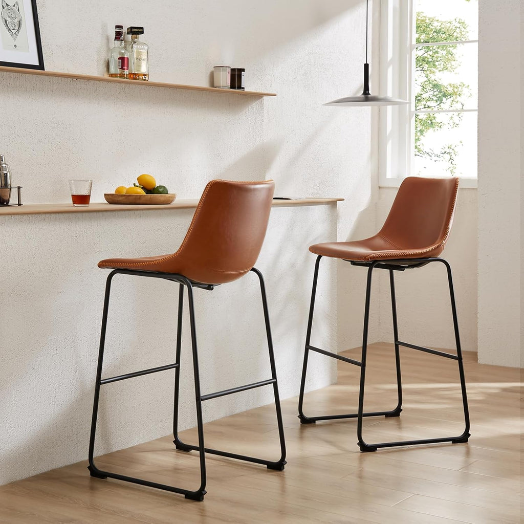 Sweetcrispy Counter Height Bar Stools Set of 2, 30 inch Height Stool Faux Leather Barstools with Back, Armless Kitchen Island Countertop Comfortable Modern Chairs with Metal Legs - Brown