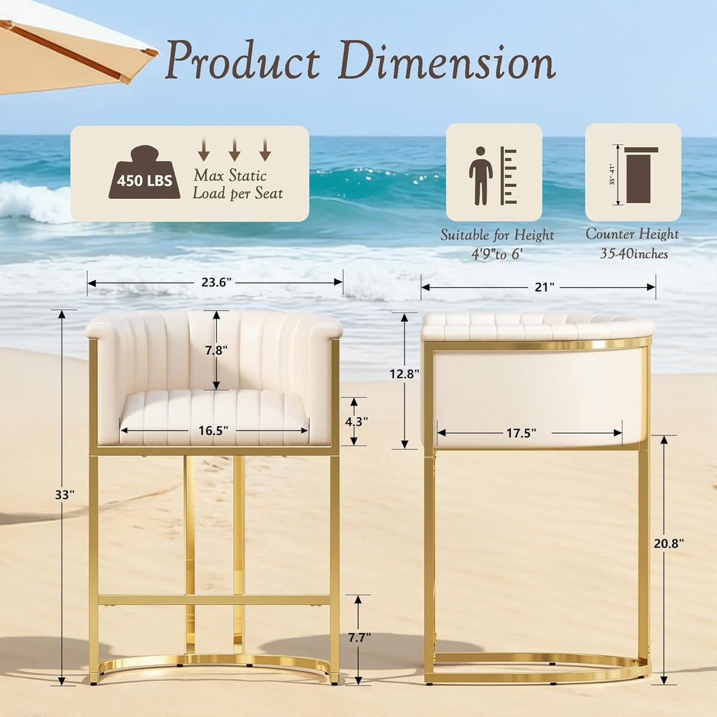 26" H Counter Height Bar Stools Set of 3, Modern Barrel Counter Stools with Backrest and Arms, Faux Leather Upholstered Barstools for Kitchen Island, Gold Stainless Steel Frame/Beige