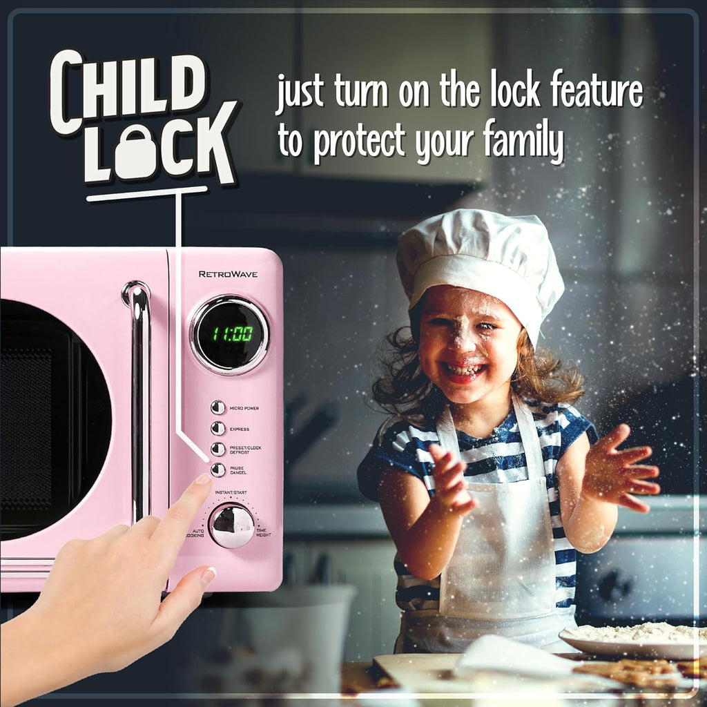 Nostalgia Countertop Microwave Oven with Easy Clean Interior - Retro Microwave with LED Display & Child Lock- Compact 0.7 Cu. Ft. Oven With 12 Pre-Programmed Settings for Quick Cooking- 700-Watts-Pink