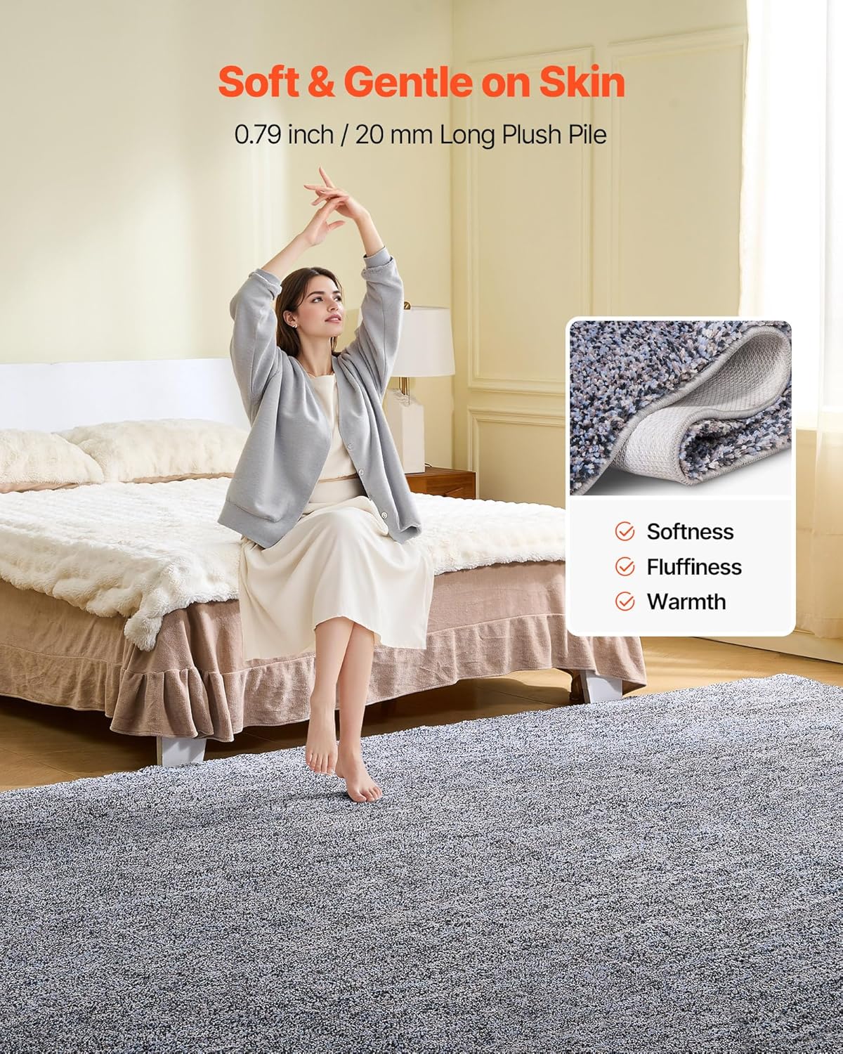 VEVOR Indoor Plush Area Rugs, 9 x 12 ft Living Room Plush Carpet Blue Gray Area Rugs Furry with Long Plushs Pile, Thick High-Pile Rug for High-Traffic Areas, Non-Shedding & Non-Slip Backing