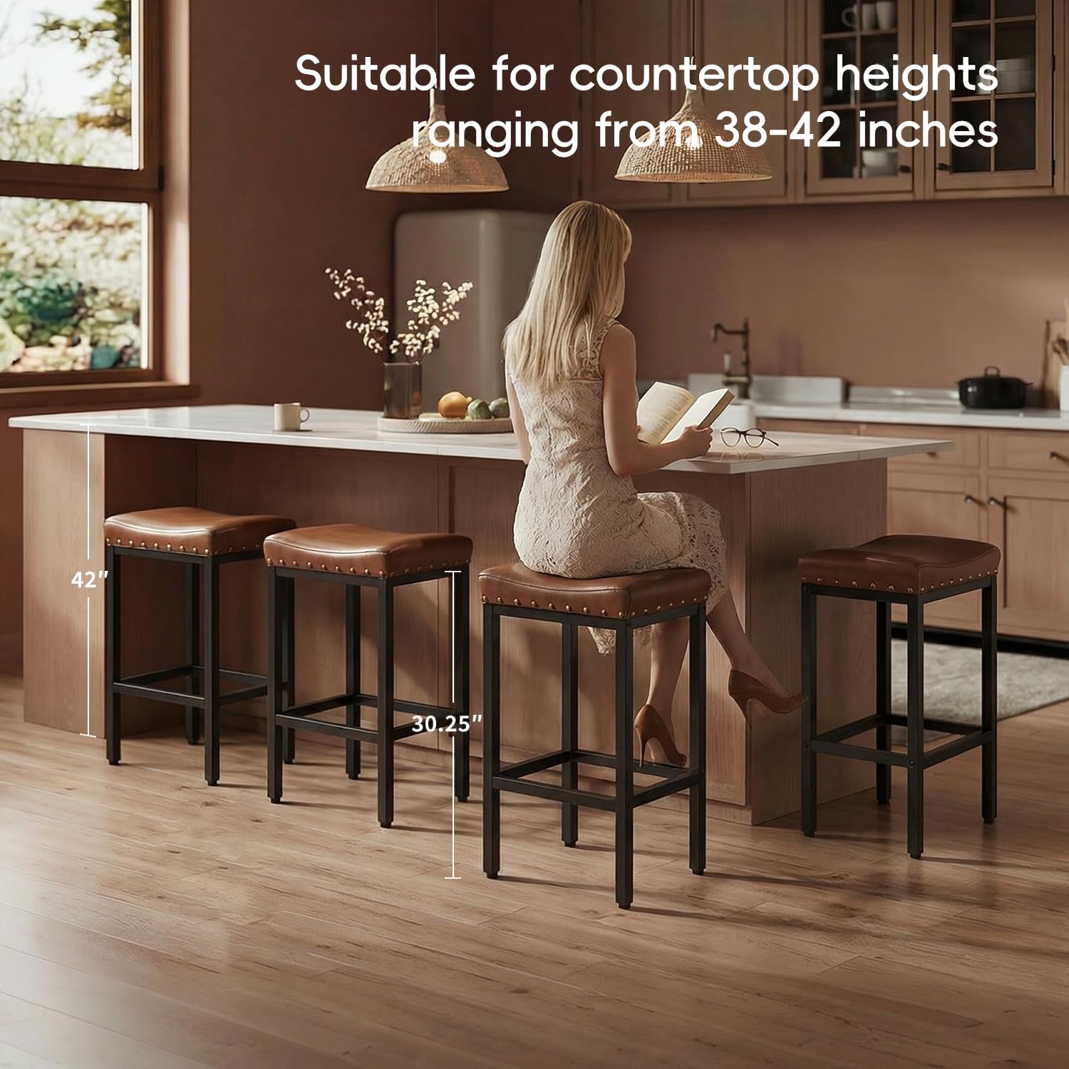 Counter Height Bar Stools Set of 2,30 Inch, Industrial Vintage Bar Stool with Nailhead, Faux Leather Barstool with Footrest, Saddle Stool for Kitchen Island, Dining Room, Easy Assembly