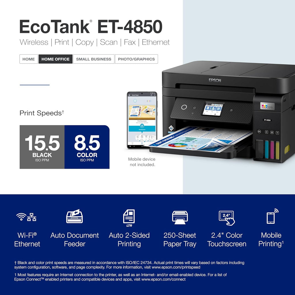 Epson EcoTank ET-4850 Wireless All-in-One Cartridge-Free Supertank with Scanner Copier, Fax, ADF and Ethernet, The Perfect Office Printer - Black