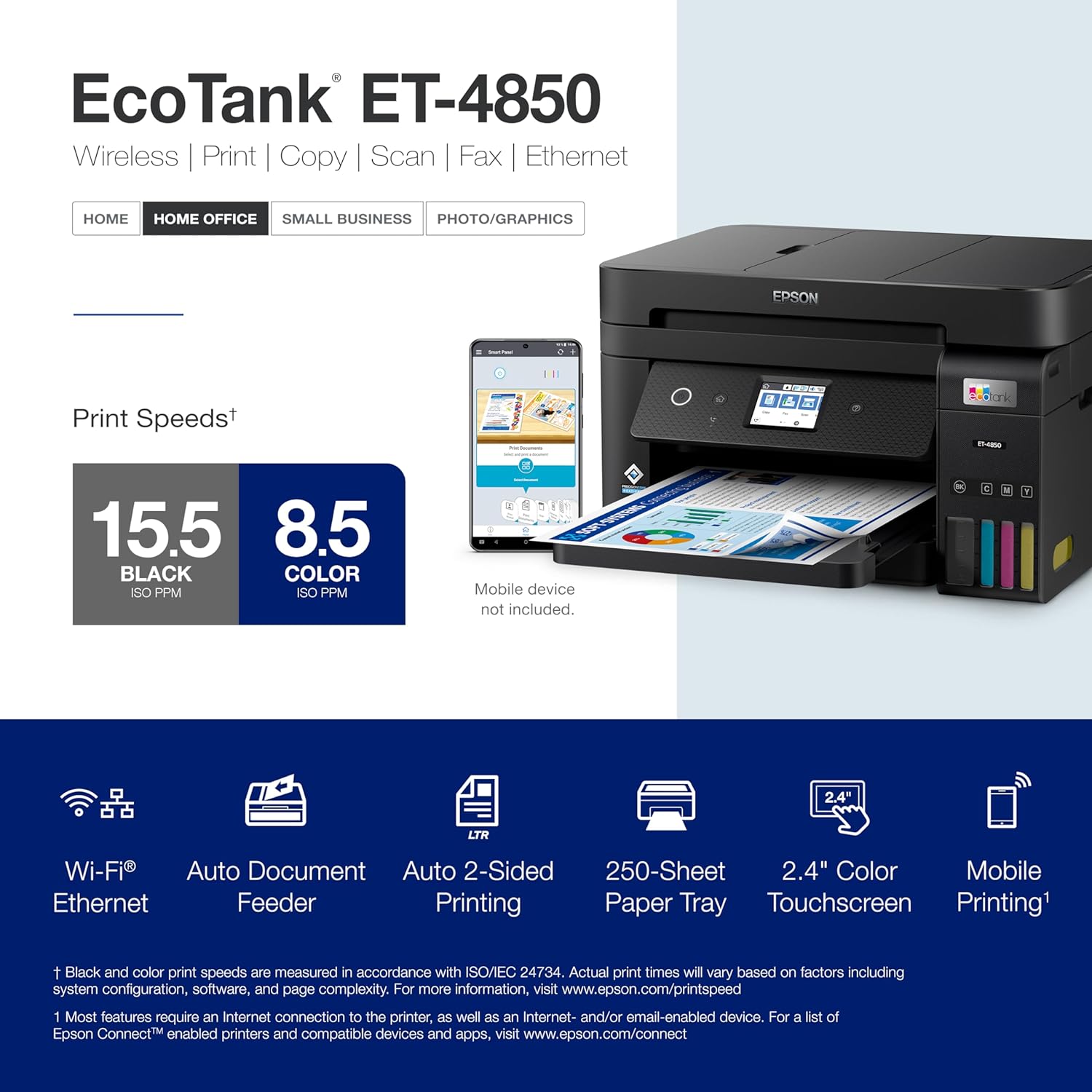 Epson EcoTank ET-4850 Wireless All-in-One Cartridge-Free Supertank with Scanner Copier, Fax, ADF and Ethernet, The Perfect Office Printer - Black