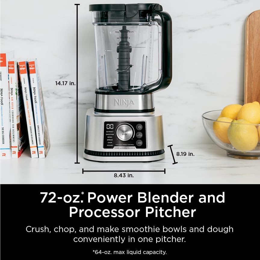 Ninja Blender For Kitchen | Food Processor Combo System | Smoothie Maker & Nutrient Extractor | 6 Functions for Bowls, Spreads, Dough, Shakes | 72-oz. Pitcher & To-Go Cups | Silver | SS351