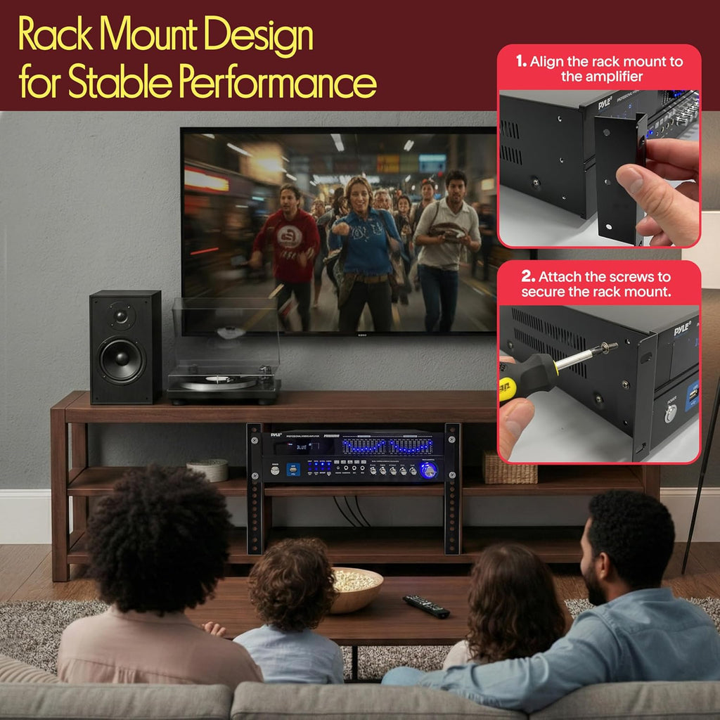 Pyle Bluetooth Hybrid Home Amplifier - 6-Channel 2000W Rack Mount Power Amplifier Receiver w/ Radio - Dual 10 Band EQ, Karaoke Microphone x2, USB, RCA, COAX, OPT, DVD Inputs, HiDef Input and Output