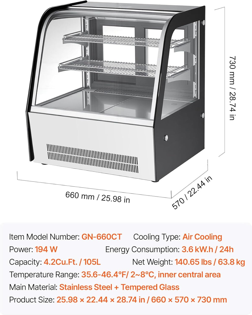 VEVOR Refrigerated Display Case, 4.2 Cu.Ft./105L Countertop Pastry Display Case, 2-Tier Commercial Cake Refrigerator with LED Lighting, TURBO Cooling, Frost-Free Air-Cooling, for Bakery, Dessert Shop