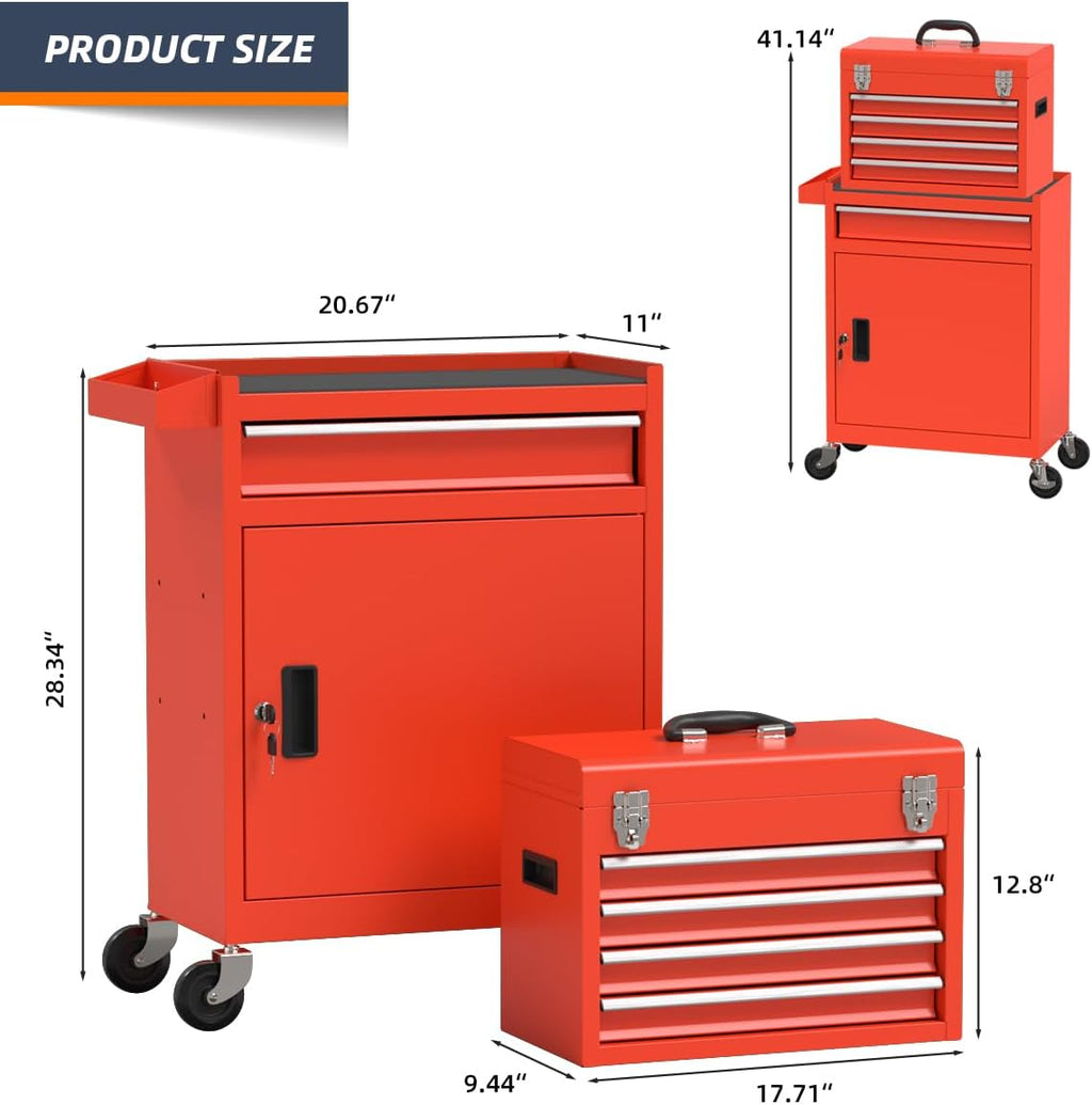 5-Drawer High Capacity Rolling Tool Chest, Removable Cabinet Storage Tool Box with Wheels and Drawers, Detachable Toolbox with Lock for Mechanics Garage Workshop and Tool Room (Red)