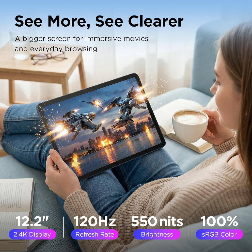 TCL TAB A1 Plus Android Tablet, 12.2” 2.4K 120Hz Display, 16GB RAM (6GB+10GB), 128GB Storage, AI Tools, 8000mAh Battery, Android 16, Quad Speakers, Tablet for Work, Study & Entertainment