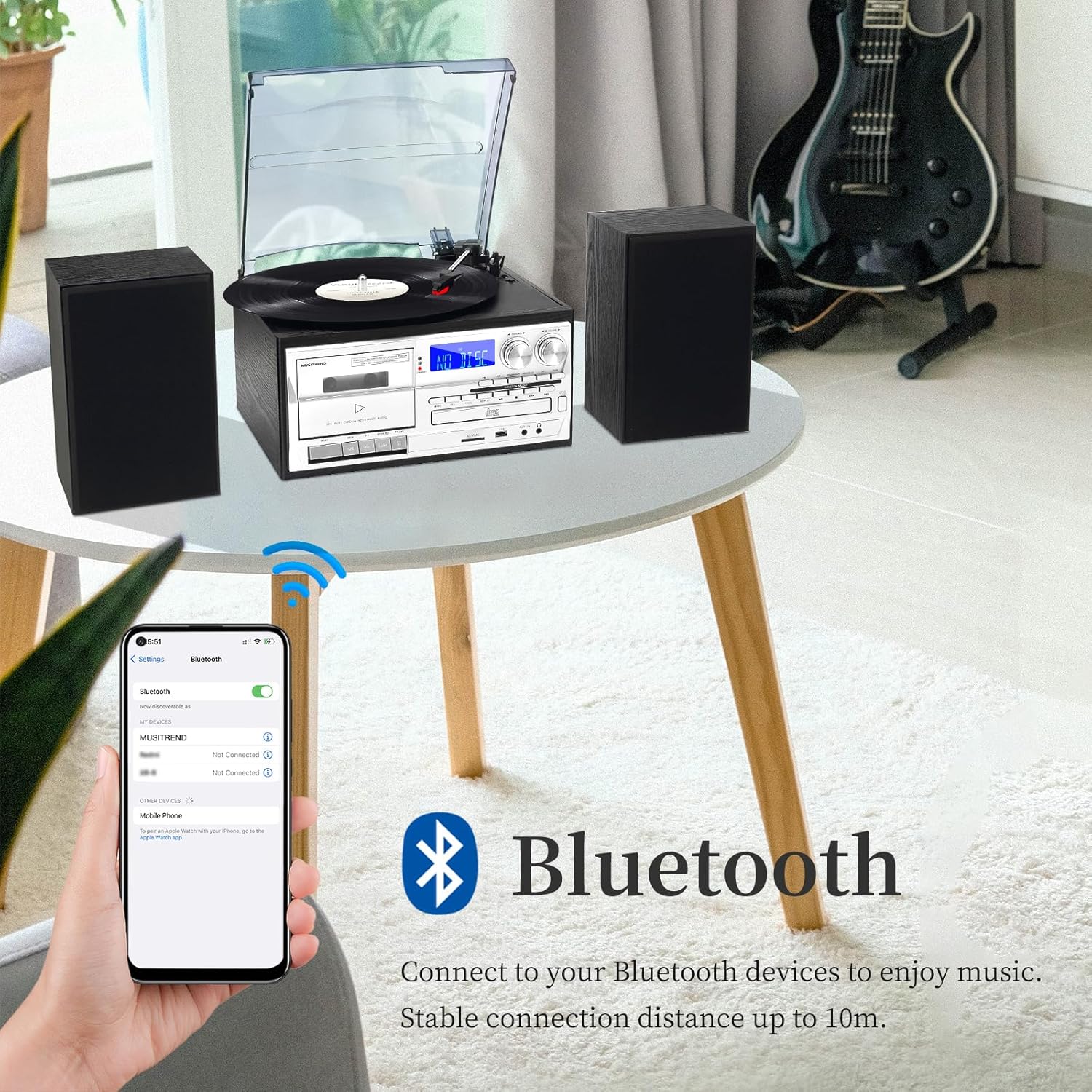 MUSITREND 10 in 1 Record Player with External Speakers, 3 SpeedTurntable with AM/FM Radio, CD & Cassette Player, Bluetooth, USB/SD Playback, Remote Control, Black