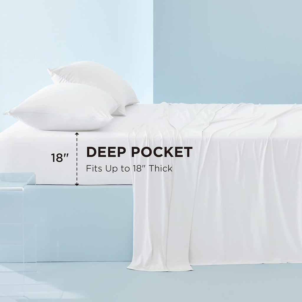 Bedsure Cooling Sheets Queen Size, Cooling Bed Sheets for Hot Sleepers, Chill Cool Sheet, Deep Pocket Up to 18 Inches, Soft & Breathable Queen Sheet Set, 4 Pieces, White