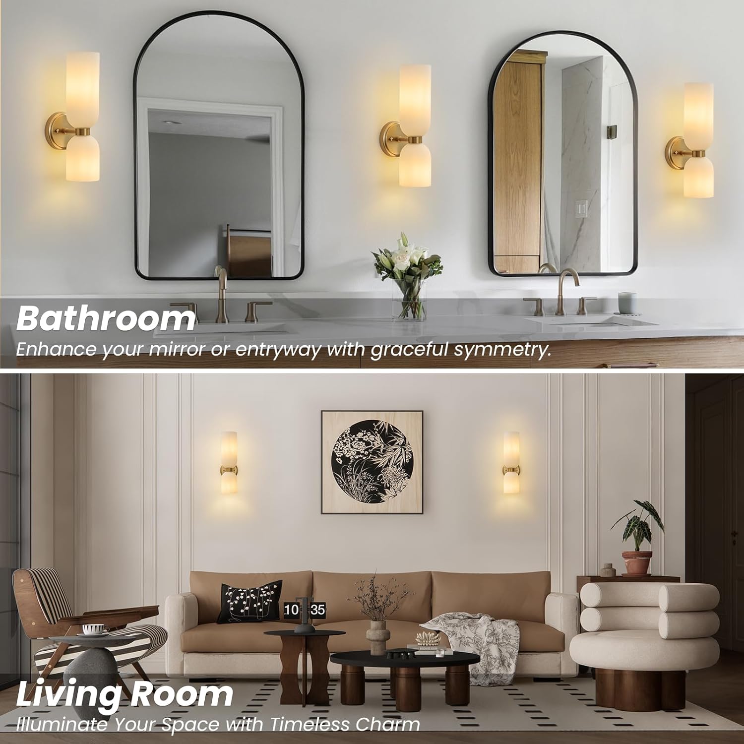 Mid Century Bathroom Wall Sconce - Set of 2 Modern Brushed Gold Brass Sconces - Frosted Milk White Glass Indoor Dimmable Lighting Fixture with Bulb - Double Vanity Lights for Bedroom Living Room Decor