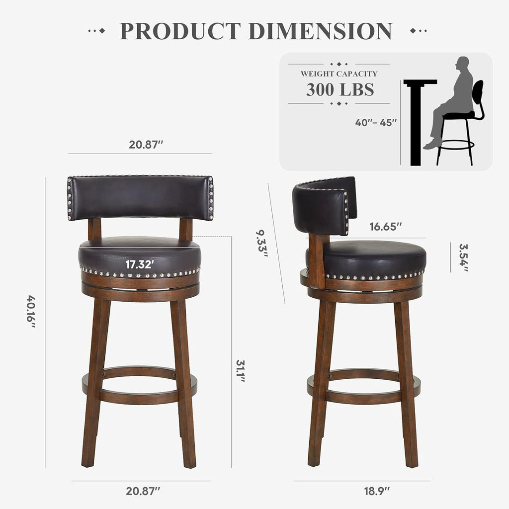 COLAMY Swivel Bar Stools Set of 4, 30 Inch Swivel Counter Height Stools, Modern Upholstered Wooden Barstools with Back for Kitchen Island Dining Room Bar, Dark Brown