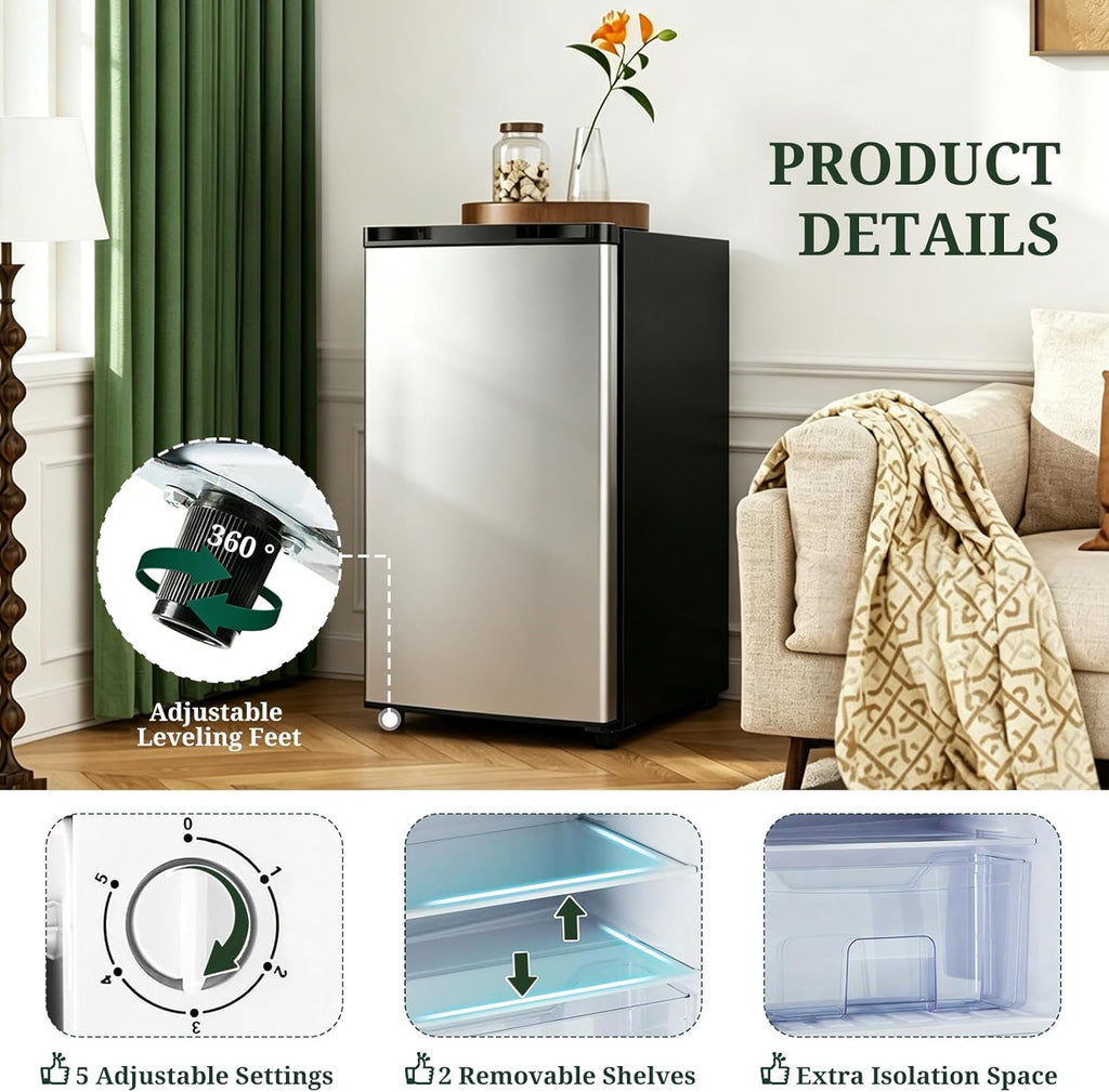 Mini Fridge with Freezer, 3.2 Cu.Ft Compact Single Door Refrigerator with Adjustable Thermostat, Low Noise & Energy Efficient (0.41kWh/Day), Small Fridge for Bedroom, Dorm, Office, Apartment (Silver)