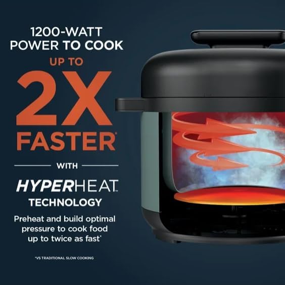 Niinjaa Hyper Heat 8 in 1 (model PC 200), 6.5 Qt Pressure Cooker, Steams, Slow Cooks, Rice, Pasta, Sear/Sauté, Steam, with SimpliServe Pot, 1200 W, Color Sage Leaf