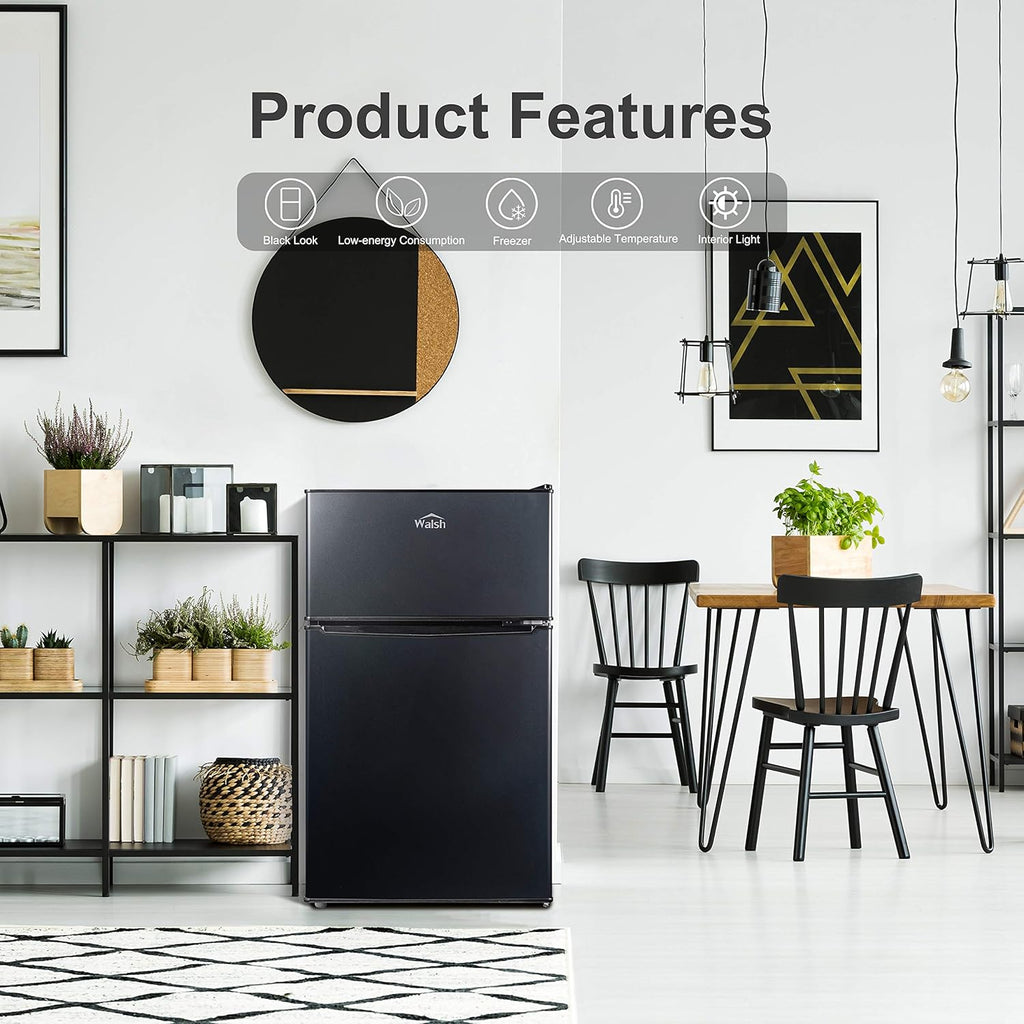 Walsh Compact Refrigerator, Dual Door Fridge, Adjustable Mechanical Thermostat with Freezer, Reversible Doors, 3.1 Cu.Ft, Black