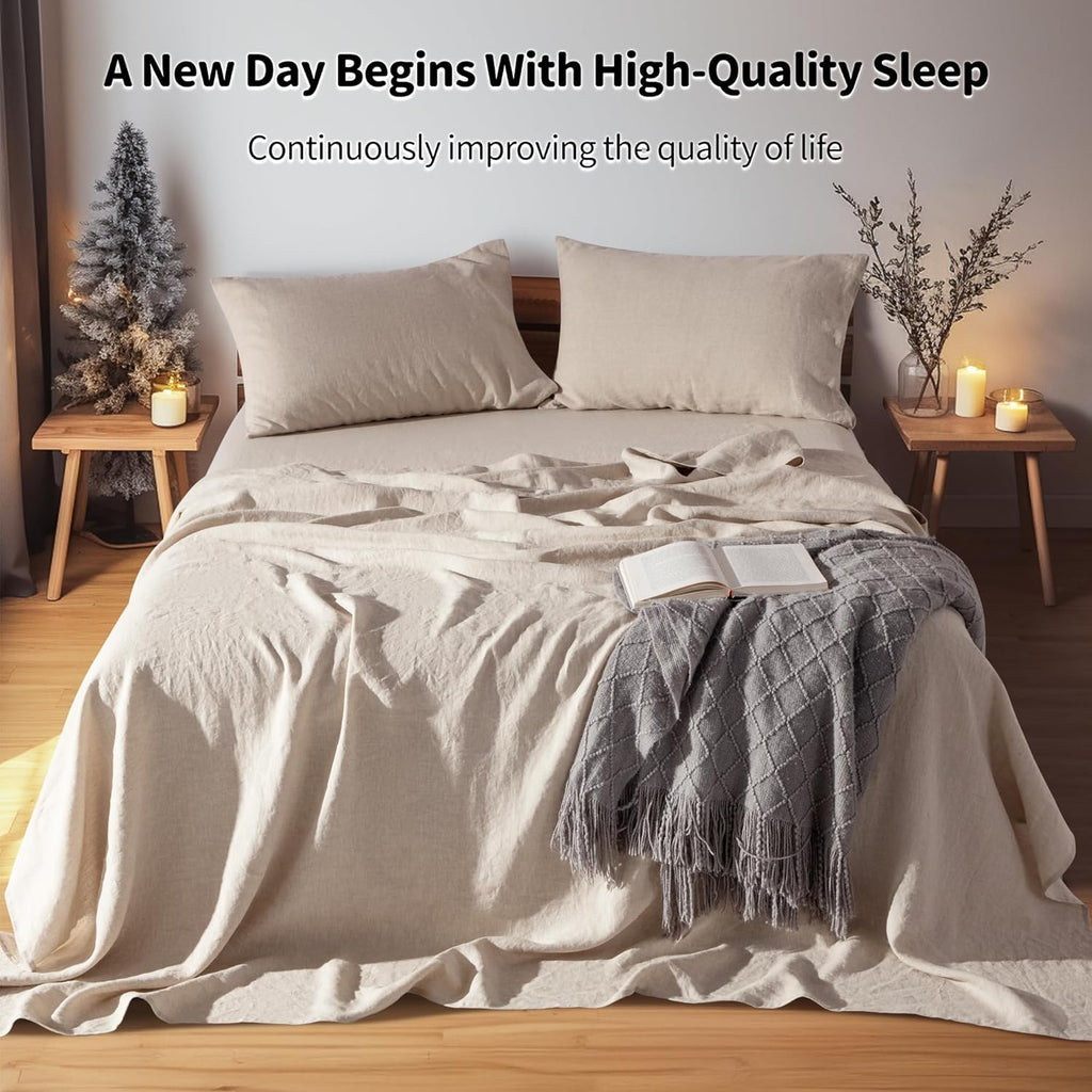 LBRO2M 100% Pure Linen Sheet Set Deep Pocket Up to 16" Bed Sheets Sets, Natural Flax Beddings Soft, Breathable, Comfortable for All Seasons 4 Pcs Sheet Set Queen Size, Linen