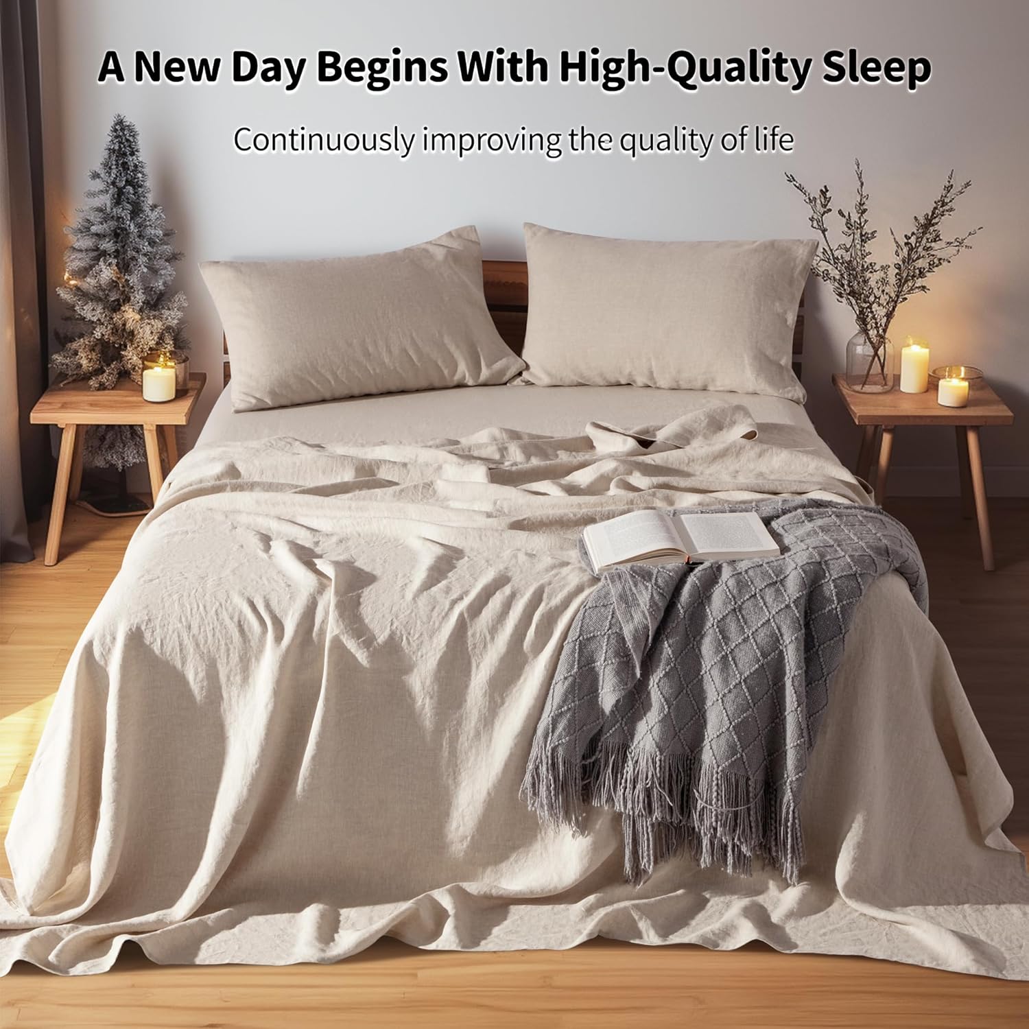 LBRO2M 100% Pure Linen Sheet Set Deep Pocket Up to 16" Bed Sheets Sets, Natural Flax Beddings Soft, Breathable, Comfortable for All Seasons 4 Pcs Sheet Set Queen Size, Linen