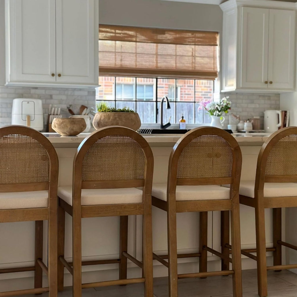 Nathan James Bailey Boucle Upholstered Rattan Bar Stool, Counter Height Stool with Natural Rattan Woven Back For Kitchen Island, Light Brown, Set of 4