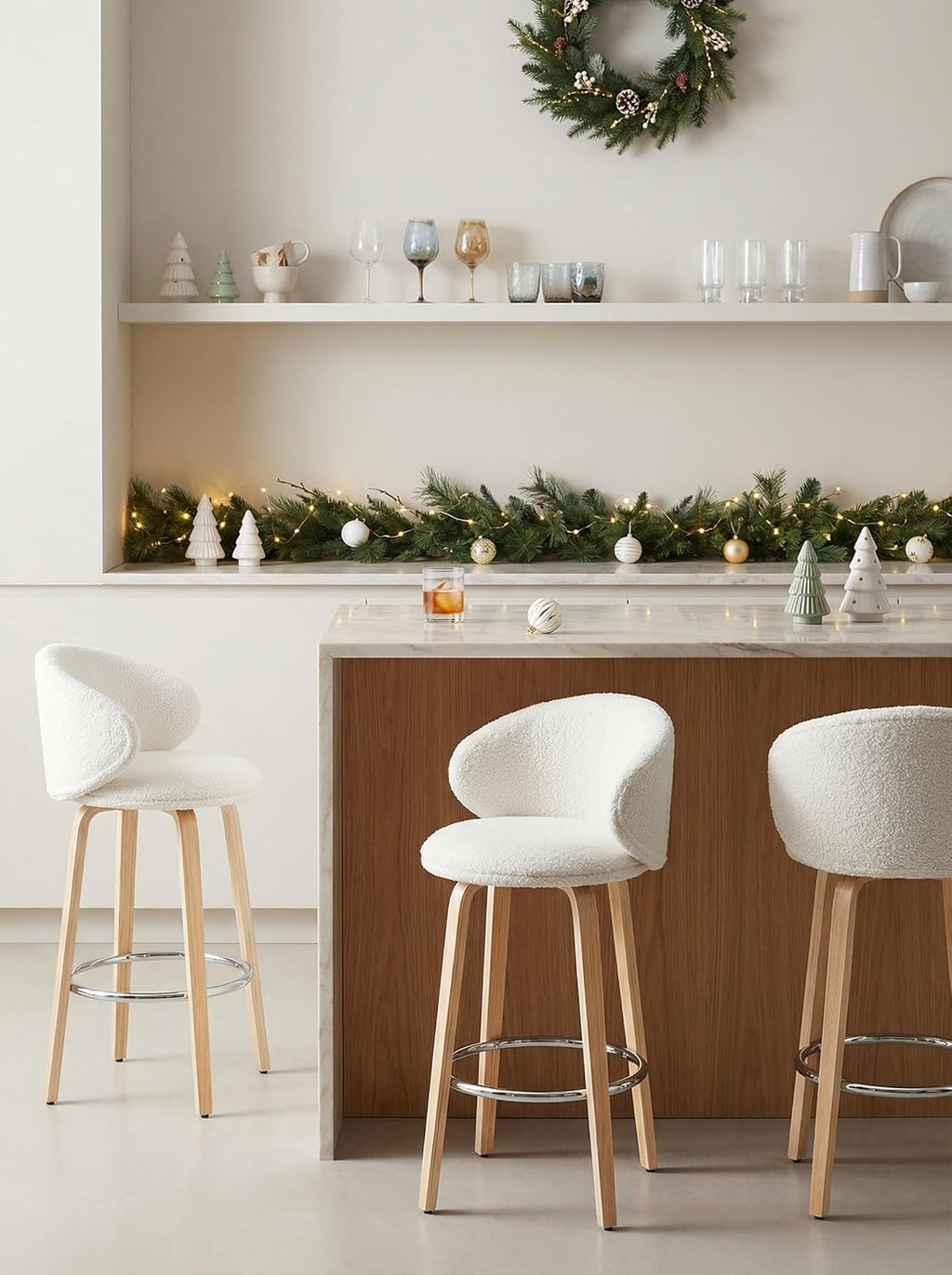 DUOMAY 2-Pack 26" Counter Height Bar Stools, White Sherpa Barrel Back Kitchen Island Chairs with Wood Legs for Dining Room, Bar, Coffee Shop
