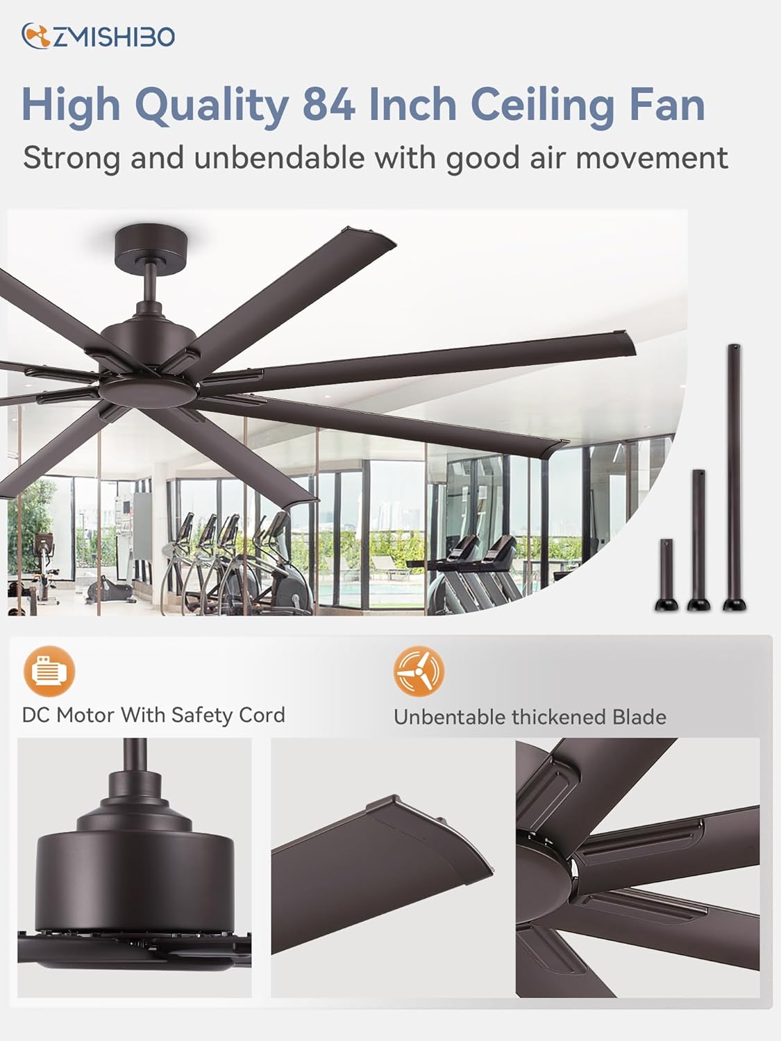 ZMISHIBO 84 Inch Ceiling Fans No Light, Large Industrial Ceiling Fan with 8 Aluminium Blades, Quiet DC Motor, 6 Speeds, Modern Ceiling Fan without Light for Garage/shop/living room,Oil-bronze