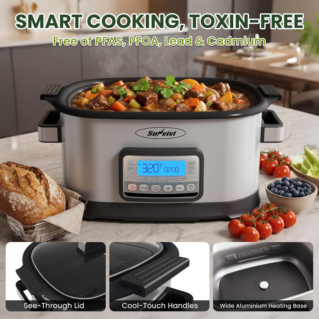 Sunvivi Slow Cooker Roaster Oven 6.5 Quart, 11 in 1 Programmable Multi-Cooker with Digital Timer, Temp Control, Keep Warm, Removable Nonstick Pot & Dishwasher-Safe Glass Lid, Sliver