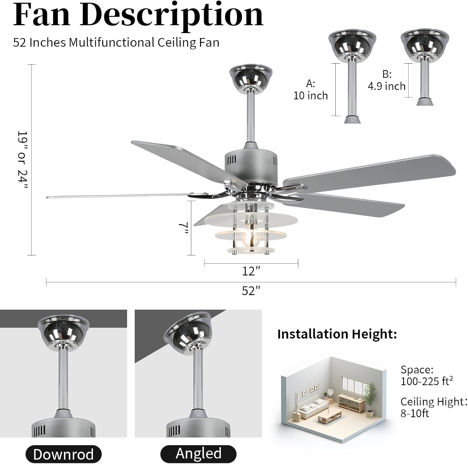 52" Ceiling Fan with Light Modern Chrome Chandelier Fan Reversible DC Motor Quiet Fandelier with 5 Blades for Bedroom, Living Room, Patios, Shop, Ventilador de Techo