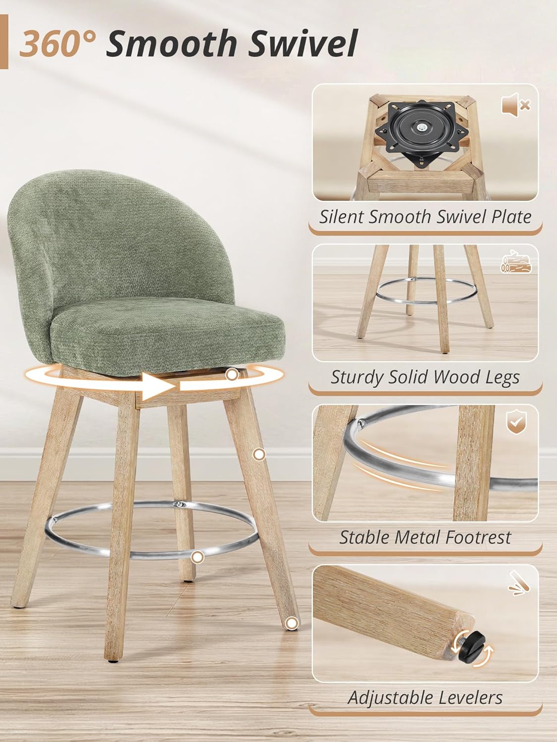 LUE BONA 360° Swivel Bar Stools Set of 3, 26" Counter Height Bar Stools with Backs, Modern Mid-Century Fabric Upholstered Stools with Solid Wood Legs for Kitchen Island, Light Green