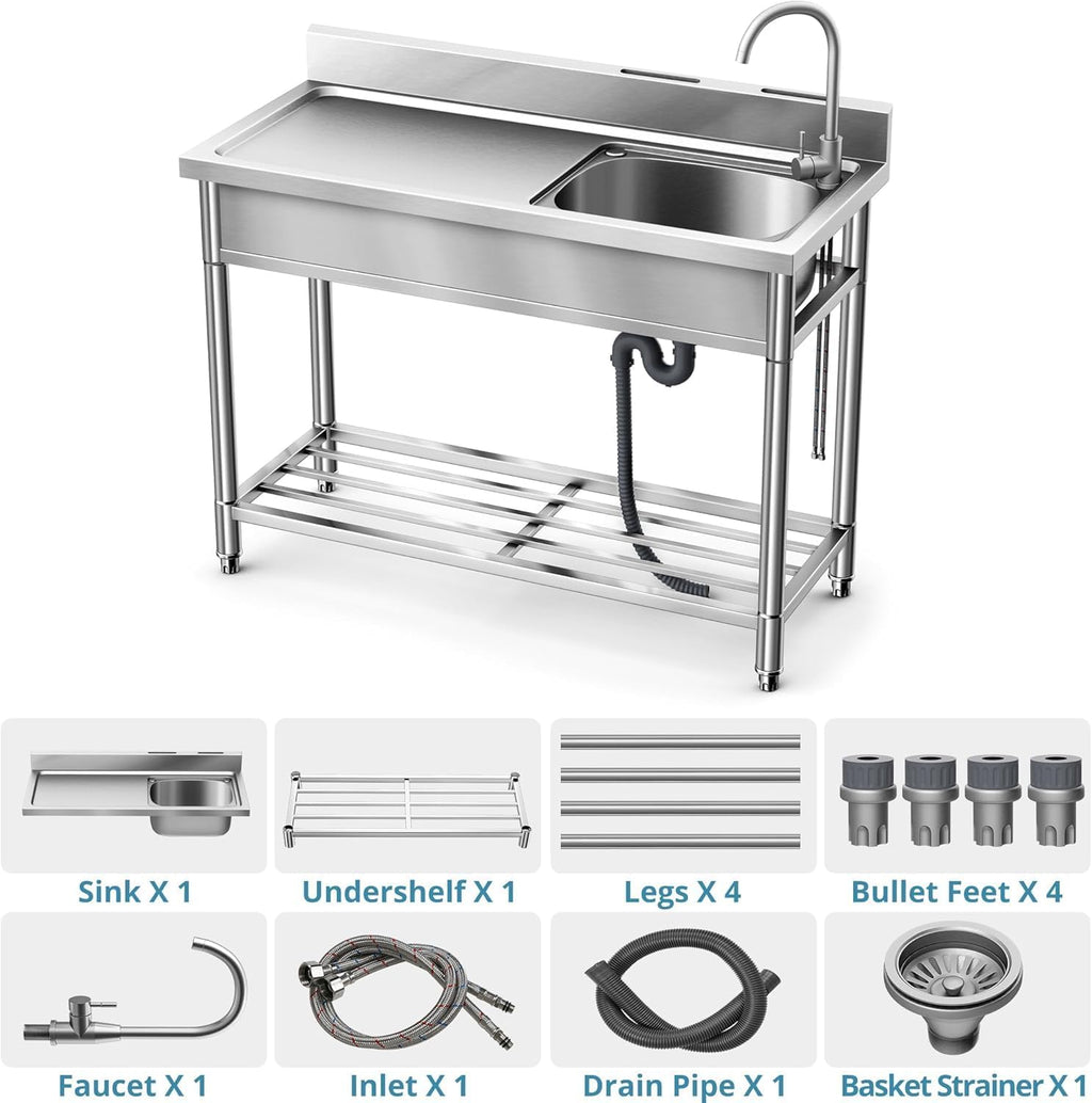 Stainless Steel Utility Sink, Kitchen Sink with Countertop Workstation, Free Standing Single Bowl with Cold and Hot Water Pipe for Laundry Room Garage Work Shop Indoor Outdoor Basement (39 Inch)