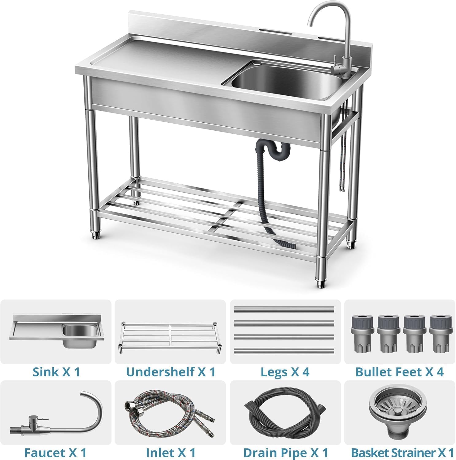 Stainless Steel Utility Sink, Kitchen Sink with Countertop Workstation, Free Standing Single Bowl with Cold and Hot Water Pipe for Laundry Room Garage Work Shop Indoor Outdoor Basement (39 Inch)