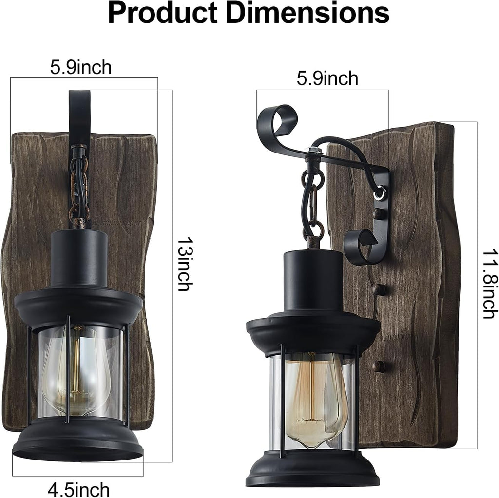 Rustic Industrial Wall Sconces, Black Metal Lantern with Wood Backplate, Farmhouse Indoor Light Fixture for Dining Room, Hallway, Porch