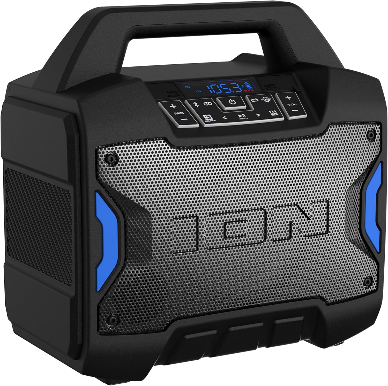 ION Tailgater Boom - Outdoor Portable Bluetooth Speaker with Mic in, FM Radio, USB Port, Battery, IPX5 Water-Resistant, Wireless Stereo-Link, App, 60W