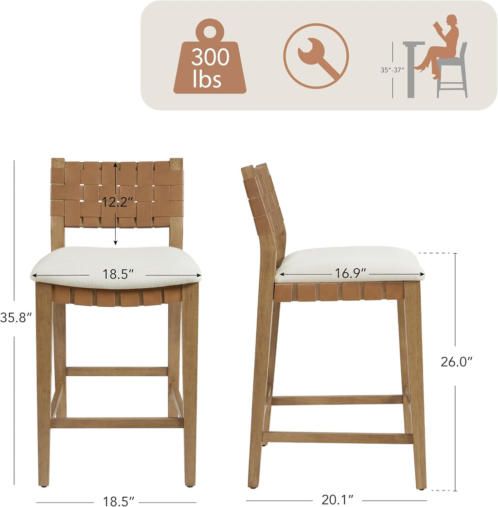 CHITA Woven Bar Stools Set of 3, 26" Counter Height Bar Stools with Backrest, Handwoven Counter Stools with Wood Frame for Kitchen Island & Home Bar, Saddle Brown