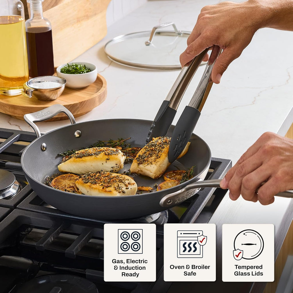 All-Clad HA1® Ceramic Nonstick, Frying Pan Set with Lid, 12 inch - Oven Safe up to 450° & Compatible with All Stovetops (Gas, Electric & Induction), Light Grey