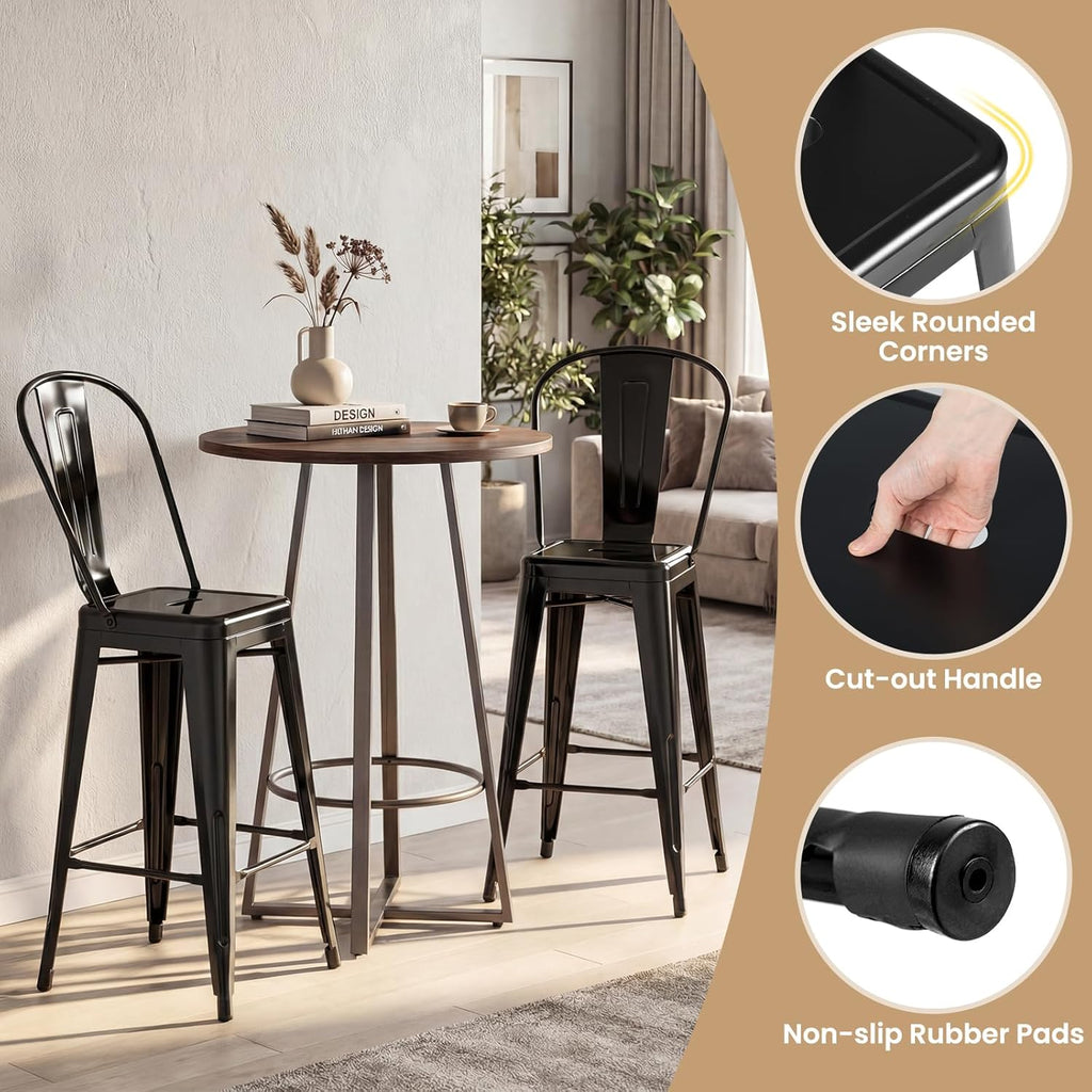 Giantex 24" Metal Bar Stools Set of 4, Counter Height Bar Chairs w/Removable Back & Integrated Footrest, High Back Barstools w/Rubber Foot Pads for Kitchen Dining Rooms, Restaurants, Black