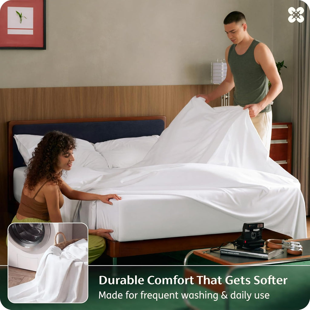 Bedsure Bamboo Viscose Cooling Sheets, Rayon Cotton Serene Blend, PureWoven, Breathable & Buttery Soft King Size Sheets Set, Deep Pocket Up to 18", Hotel Luxury Bedding for Hot Sleepers, White