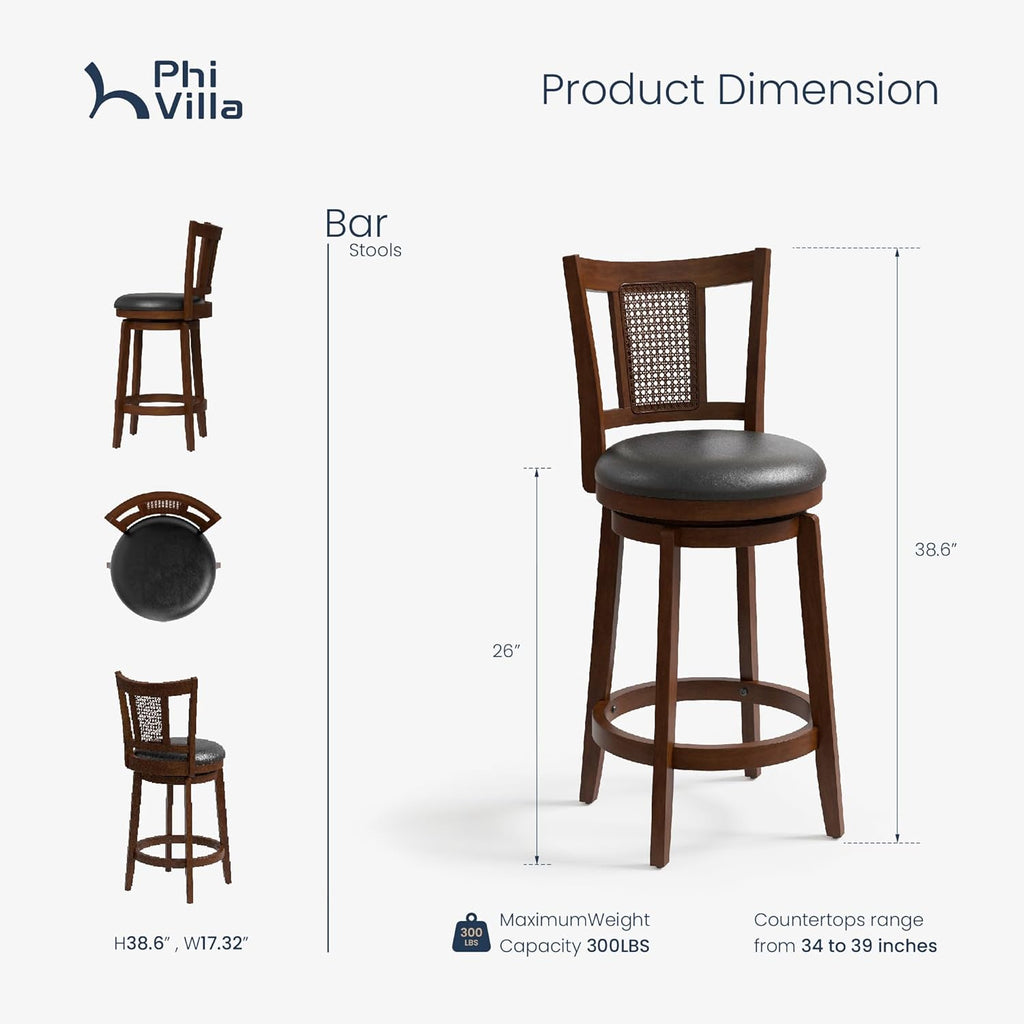 PHI VILLA 26 inch Counter Height Bar Stools Set of 4, Swivel Bar Stools with Back, Wooden Bar Chairs Faux Leather Kitchen Counter Stools