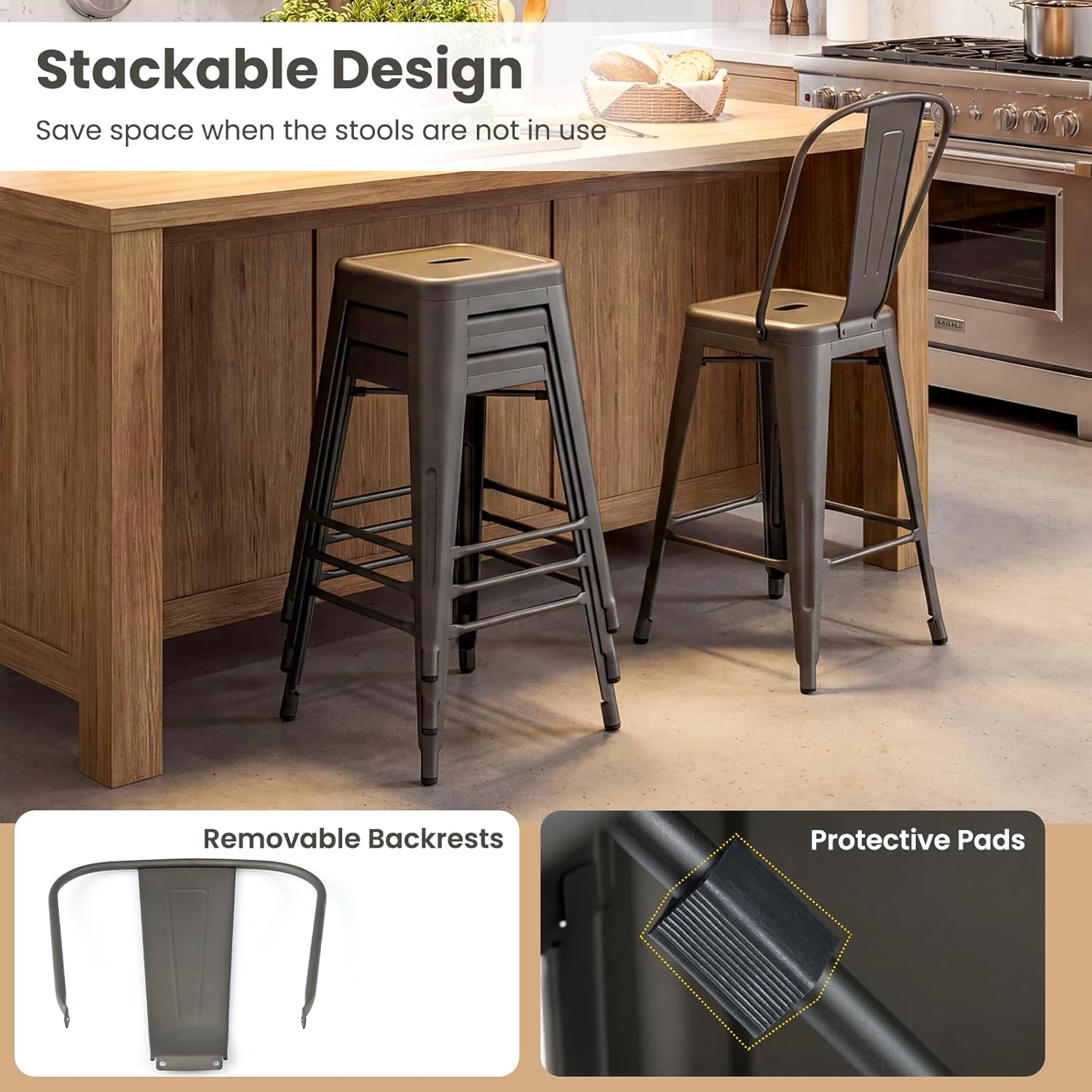 COSTWAY 24'' Metal Bar stools Set of 4, Counter Height Stools with Removable Back and Rubber Feet, Stylish and Modern Chairs, for Kitchen, Dining Rooms, and Side Bar, Gun