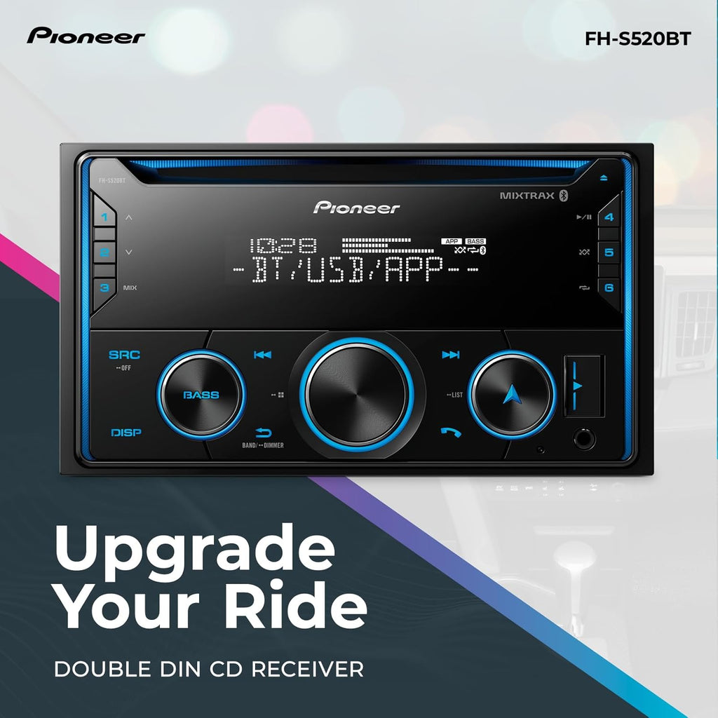 Pioneer FH-S520BT Double Din CD Receiver – Bluetooth, USB/AUX, FLAC, AM/FM Radio, 13-Band EQ, 50W x 4, Voice Control, Front, Rear/SW Selectable RCA Preouts